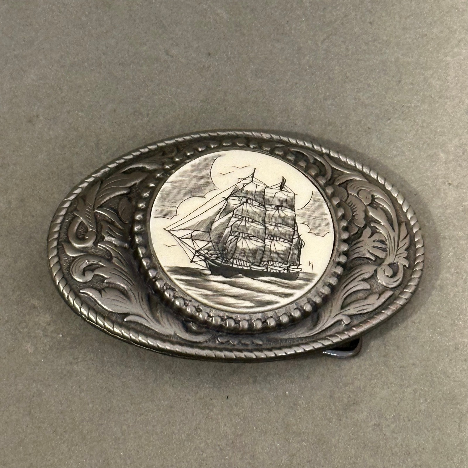 Vintage Admiral Scrimshaw Ship Belt Buckle Silver Tone Nautical Tall Ship Oval